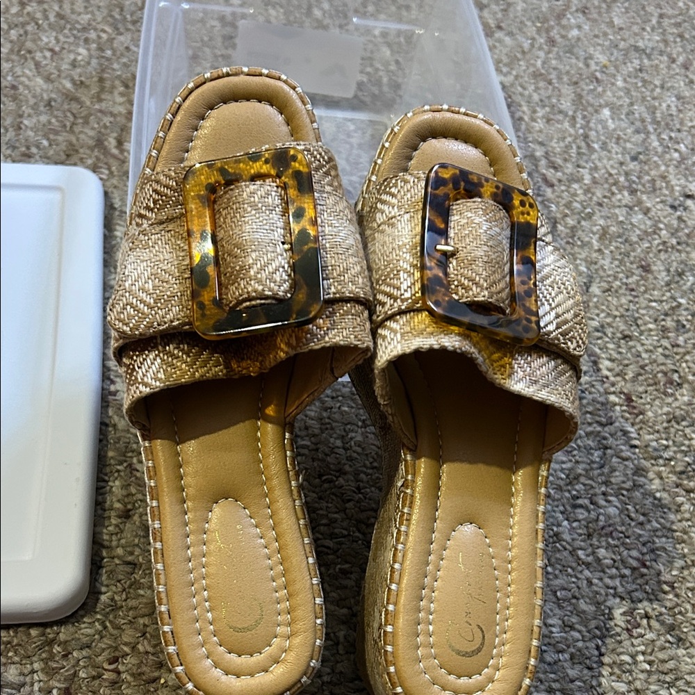 Chic Tan Mules with Tortoise Buckle